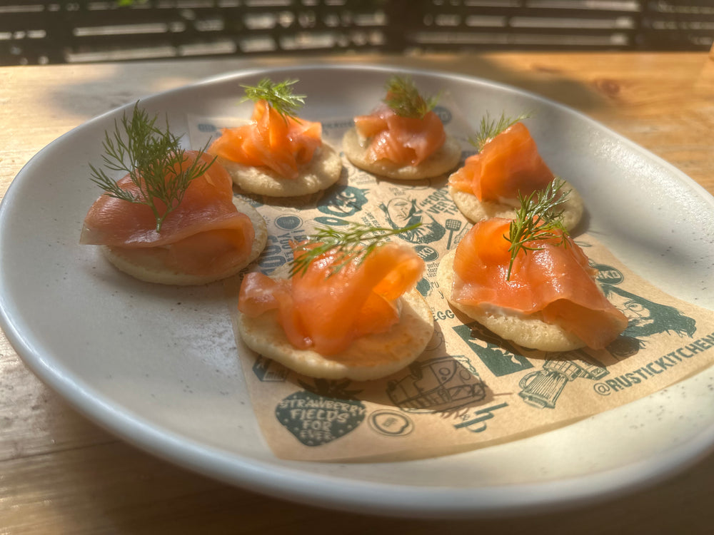 Smoked Salmon Blini with chive crème fraiche Canapes (6 canapes per box)