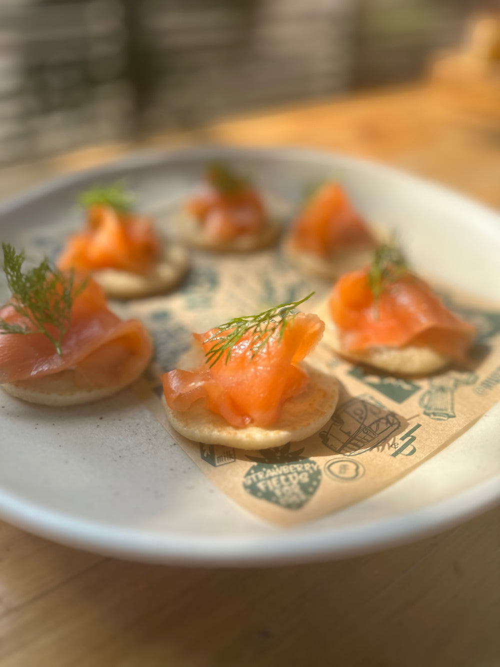 Smoked Salmon Blini with chive crème fraiche Canapes (6 canapes per box)